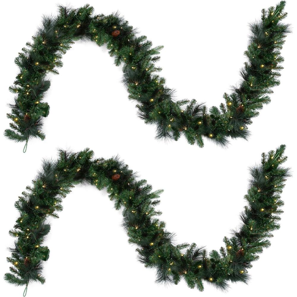 imagePapyrus 2 Pack of 9 ft PreLit Frosted Carolina Pine Garland Artificial Pine Cones Warm White Light Battery Powered IndoorOutdoor9 ft Natural