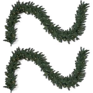 Papyrus 2 Pack of 9 ft Pre-Lit Blue Spruce Garland, Artificial, Warm White Light, Battery Powered, Indoor/Outdoor(9 ft Natural)