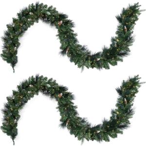 Papyrus 2 Pack of 9 ft Pre-Lit Frosted Carolina Pine Garland, Artificial, Pine Cones, Warm White Light, Battery Powered, Indoor/Outdoor(9 ft Frosted)