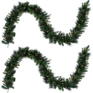 Papyrus 2 Pack of 9 ft Pre-Lit Frosted Carolina Pine Garland, Artificial, Pine Cones, Warm White Light, Battery Powered, Indoor/Outdoor(9 ft Natural)