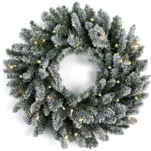 Papyrus 24″ Pre-Lit Frosted Blue Spruce Artificial Wreath, Warm White Light, Battery Powered, Indoor/Outdoor(24″ Frosted)