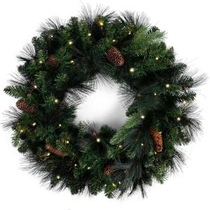 Papyrus 24″ Pre-Lit Frosted Carolina Pine Artificial Wreath, Pine Cones, Warm White Light, Battery Powered, Indoor/Outdoor(24″ Natural)