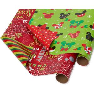 Papyrus Reversible Christmas Wrapping Paper, Mickey Mouse (1 Roll, 30 in. x 12 ft.)(Mickey Mouse and Holiday Text)