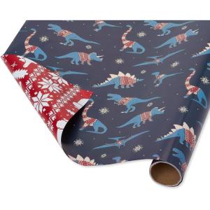 Papyrus Reversible Christmas Wrapping Paper, Mickey Mouse (1 Roll, 30 in. x 12 ft.)(Reversible T-Rex)