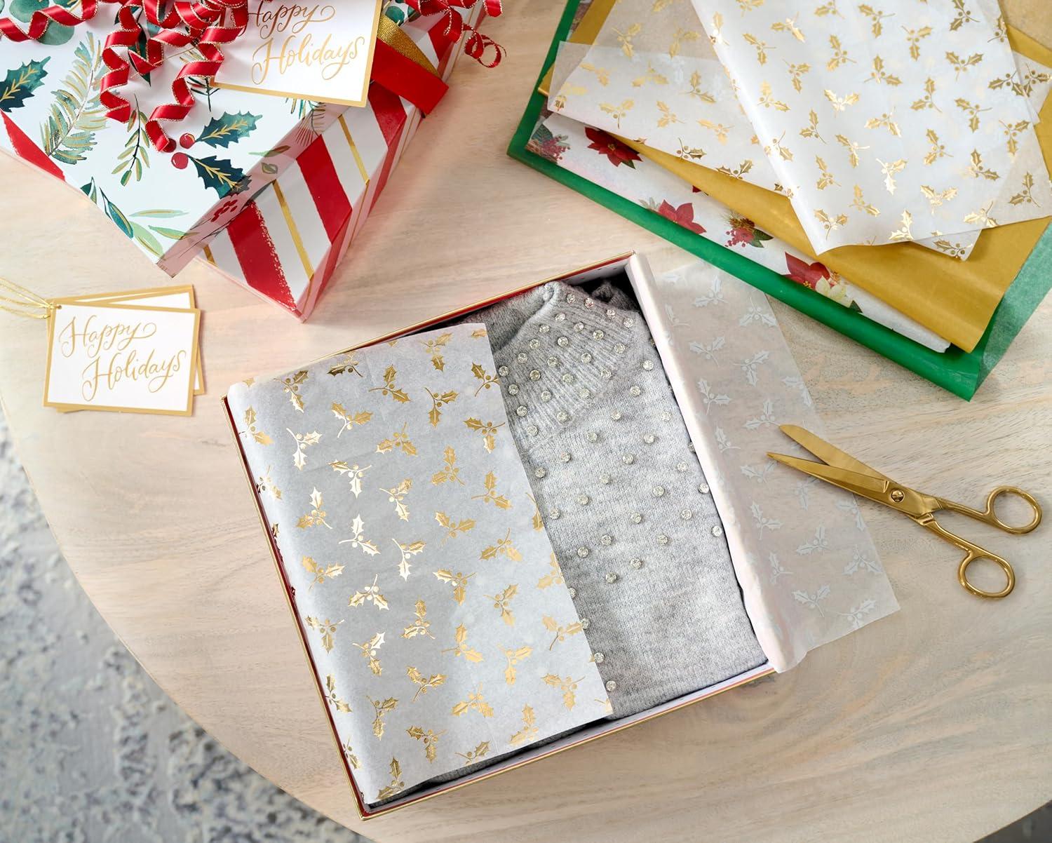 imagePapyrus Gift Box Set for Christmas and All Holidays Red Holly 4 Boxes 4 Gift Tags One Ribbon 8 Sheets of Solid Tissue