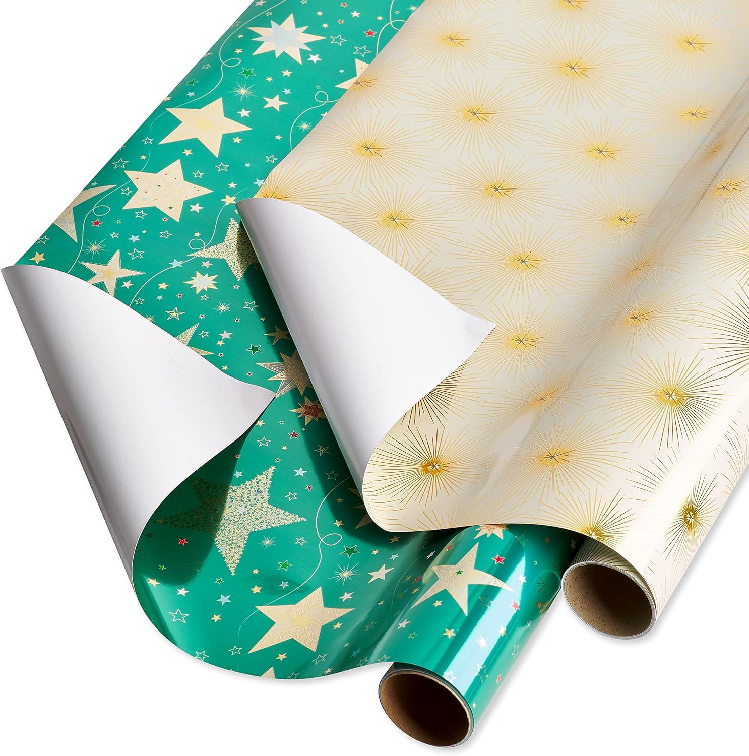 imagePapyrus Wrapping Paper Set for Christmas Hanukkah and All Holidays Glitz and Glam 2 Rolls 40 sq ft 3 Bows 1 Ribbon 3 Tags 12 LabelsTeal  Gold Stars  Gold Stars