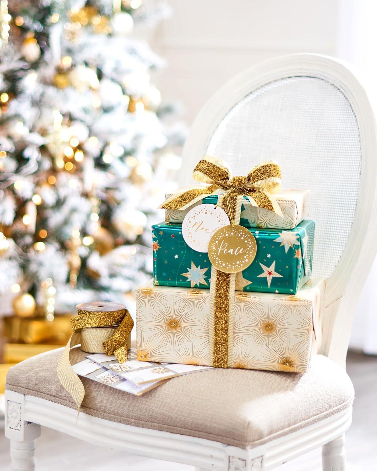 imagePapyrus Wrapping Paper Set for Christmas Hanukkah and All Holidays Glitz and Glam 2 Rolls 40 sq ft 3 Bows 1 Ribbon 3 Tags 12 LabelsTeal  Gold Stars  Gold Stars