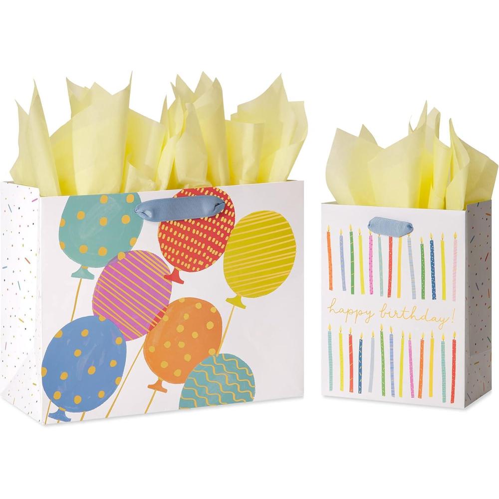 imagePapyrus Birthday Gift Bags with Tissue Paper Balloons and Candles 2 Bags 1 Large 13quot 1 Medium 9quot 8Sheets