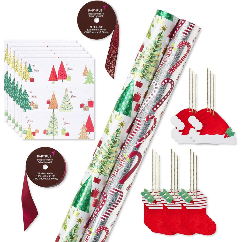 imagePapyrus Wrapping Paper Set for Christmas Hanukkah and All Holidays Glitz and Glam 2 Rolls 40 sq ft 3 Bows 1 Ribbon 3 Tags 12 LabelsChristmas Trees and Candy Canes