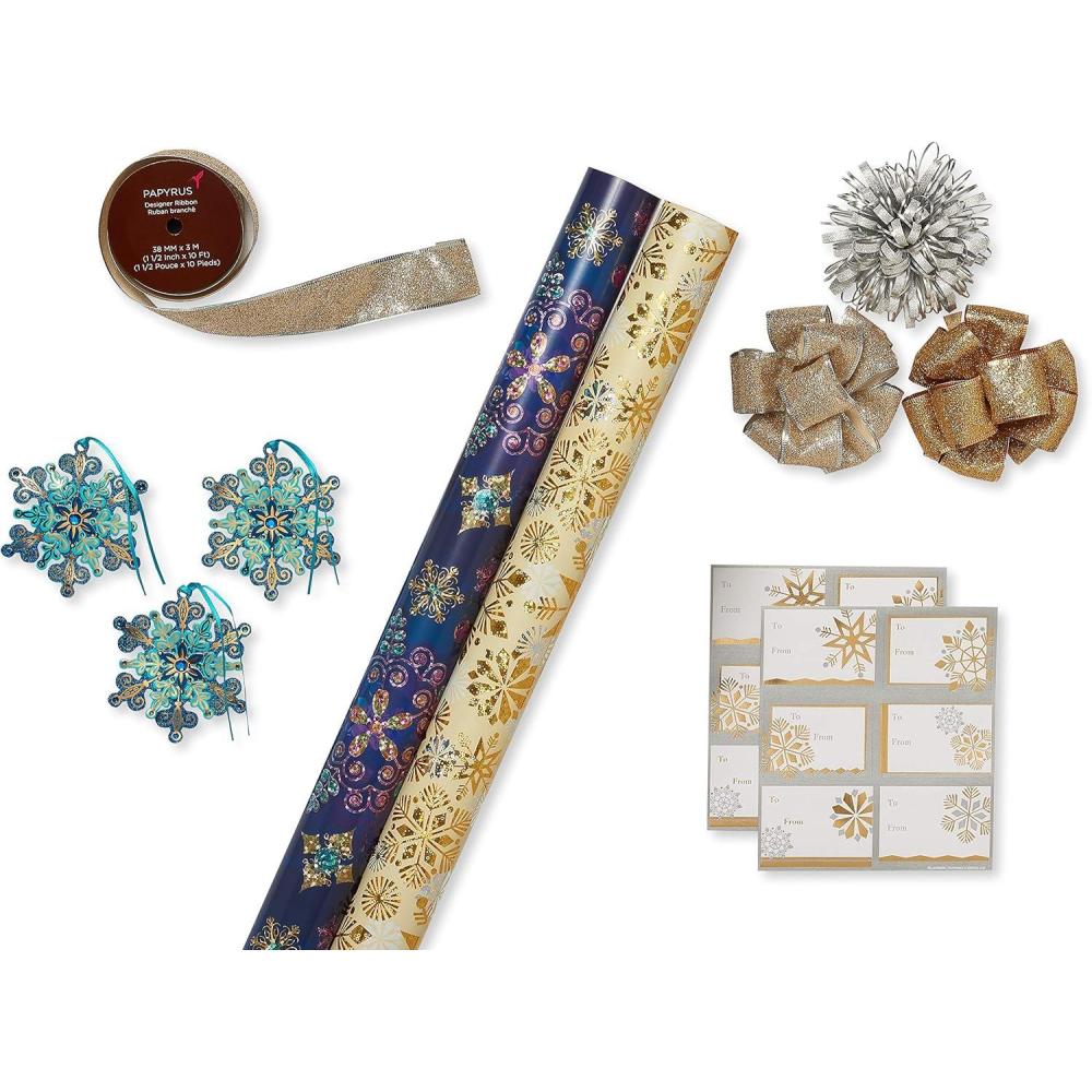 imagePapyrus Wrapping Paper Set for Christmas Hanukkah and All Holidays Glitz and Glam 2 Rolls 40 sq ft 3 Bows 1 Ribbon 3 Tags 12 LabelsHoliday Glitz and Glam Ensemble