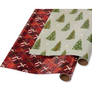 Papyrus Christmas Wrapping Paper Rolls, Playful Cats, Cars and Trees (2 Rolls, 45 sq. ft.)(Pine Trees and Red Argyle)
