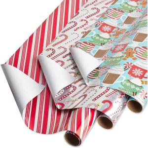 Papyrus Christmas Wrapping Paper Rolls for Kids and Teens, Ornaments, Lights, Llamas, Unicorns, Dinosaurs, Narwhals (3 Rolls, 60 sq. ft.)(Candy Canes  Red + White Stripes  Hot Cocoa + Treats)