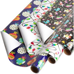 Papyrus Christmas Wrapping Paper Rolls for Kids and Teens, Ornaments, Lights, Llamas, Unicorns, Dinosaurs, Narwhals (3 Rolls, 60 sq. ft.)(Ornaments  Lights  Llamas)
