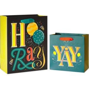 Papyrus Gift Bags (Hooray and Yay) for Birthdays, Weddings, Bridal Showers, Baby Showers and All Occasions (2 Bags, 1 Large 13″, 1 Medium 8.5″)(Black  Teal Blue  Red)