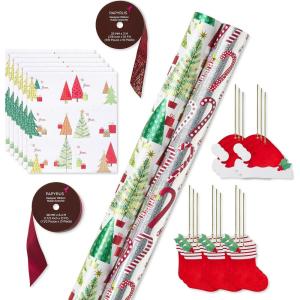 Papyrus Wrapping Paper Set for Christmas, Hanukkah, and All Holidays, Glitz and Glam (2 Rolls 40 sq. ft., 3 Bows, 1 Ribbon, 3 Tags, 12 Labels)(Christmas Trees and Candy Canes)