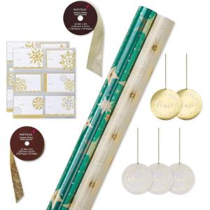Papyrus Wrapping Paper Set for Christmas, Hanukkah, and All Holidays, Glitz and Glam (2 Rolls 40 sq. ft., 3 Bows, 1 Ribbon, 3 Tags, 12 Labels)(Teal + Gold Stars  Gold Stars)