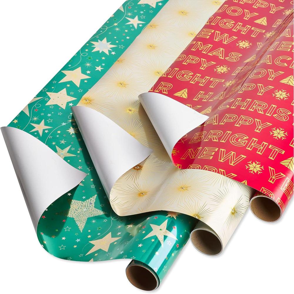 imagePapyrus Christmas Wrapping Paper Rolls Teal with Gold Stars Christmas Text 3 Rolls 675 sq ftTeal  Gold Stars  Christmas Text  Gold Stars