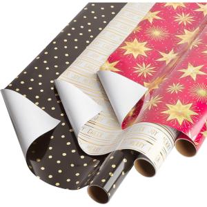Papyrus Christmas Wrapping Paper Rolls, Greenery, Lettering and Polka Dots (3 Rolls, 22.5 sq. ft.)(Black + Gold Dots  Joy  Stars)