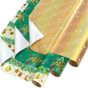 Papyrus Christmas Wrapping Paper Rolls, Teal with Gold Stars, Christmas Text (3 Rolls, 67.5 sq. ft.)(FSC RW SET CELESTIAL EVERGREEN)