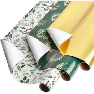 Papyrus Christmas Wrapping Paper Rolls, Teal with Gold Stars, Christmas Text (3 Rolls, 67.5 sq. ft.)(Holly  Wreath  Gold)