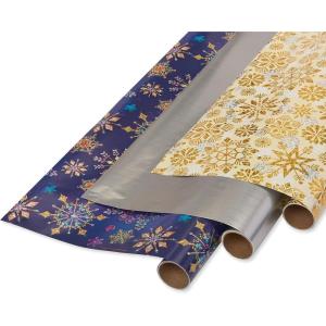 Papyrus Christmas Wrapping Paper Rolls, Teal with Gold Stars, Christmas Text (3 Rolls, 67.5 sq. ft.)(Holographic and Metallic Snowflakes (3 Rolls))