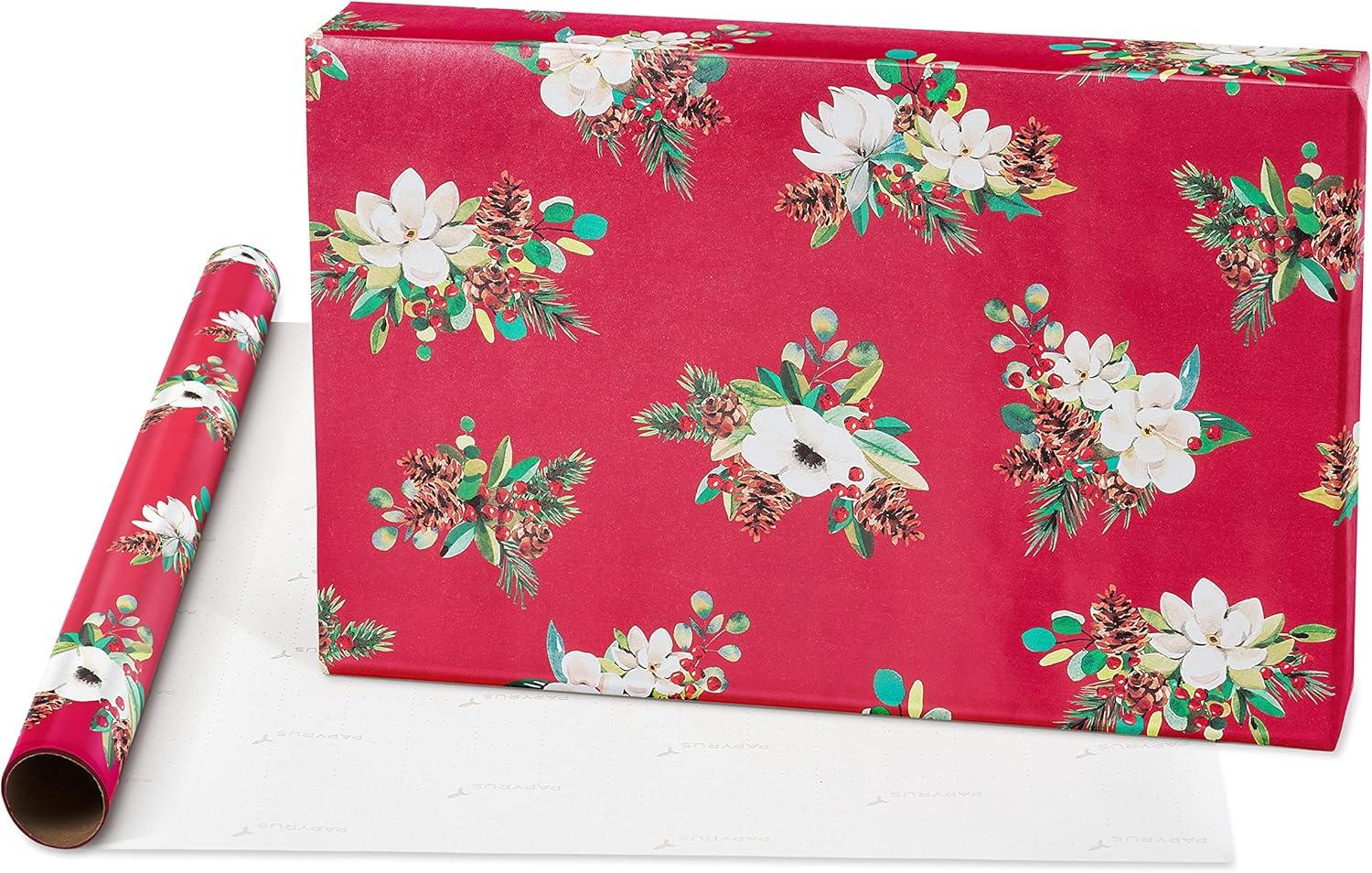 imagePapyrus Christmas Wrapping Paper Bundle Gold Holly Christmas Trees White Floral 3 Rolls 70 sq ft
