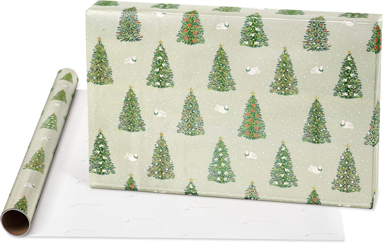 imagePapyrus Christmas Wrapping Paper Bundle Gold Holly Christmas Trees White Floral 3 Rolls 70 sq ft