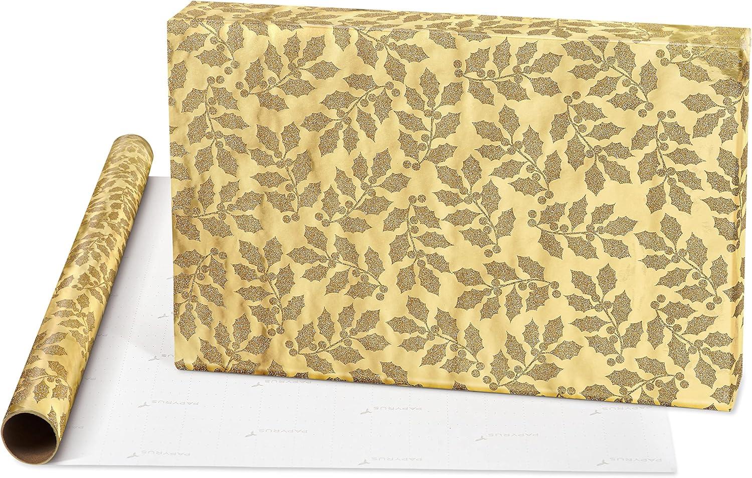 imagePapyrus Christmas Wrapping Paper Bundle Gold Holly Christmas Trees White Floral 3 Rolls 70 sq ft