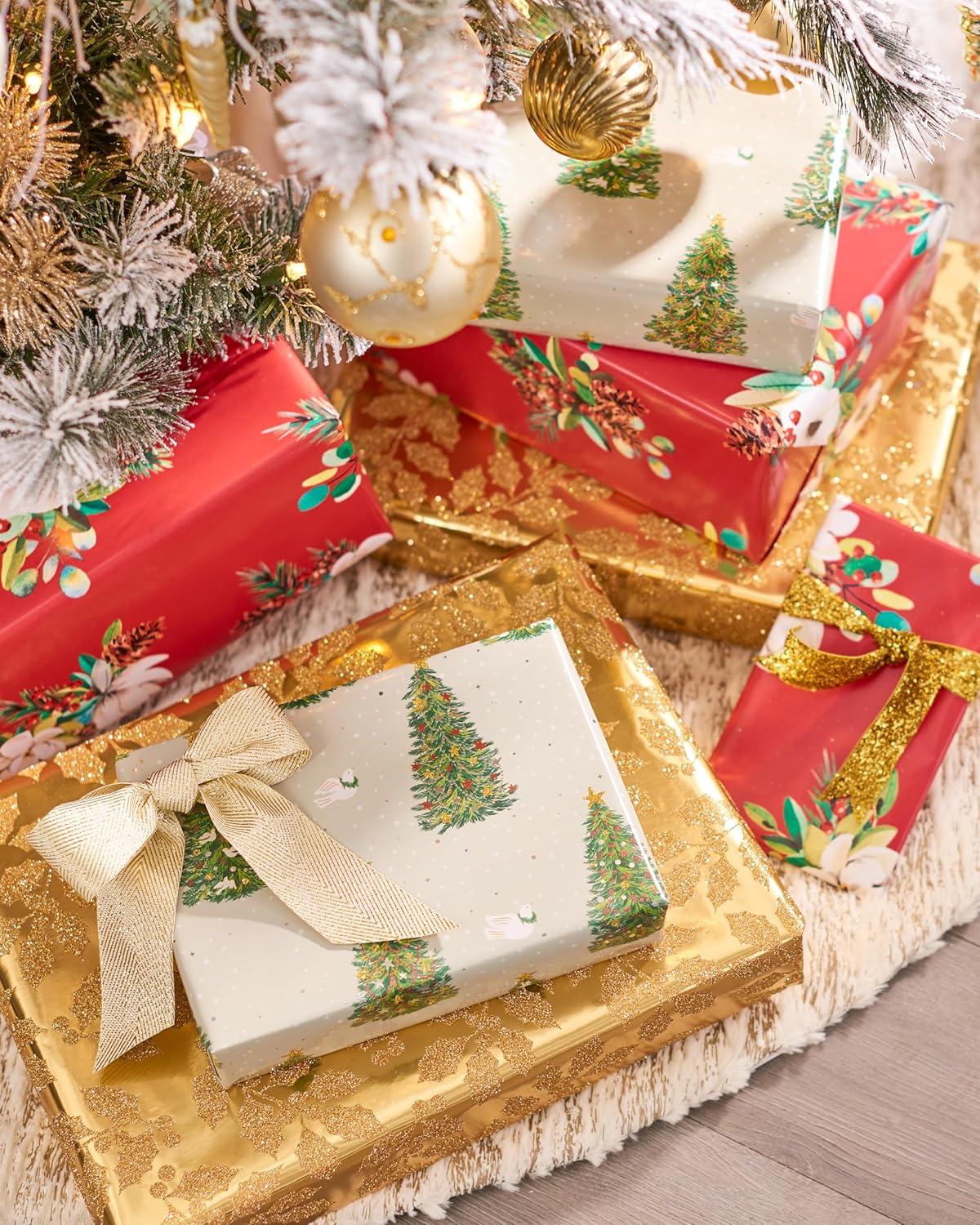 imagePapyrus Christmas Wrapping Paper Bundle Gold Holly Christmas Trees White Floral 3 Rolls 70 sq ft