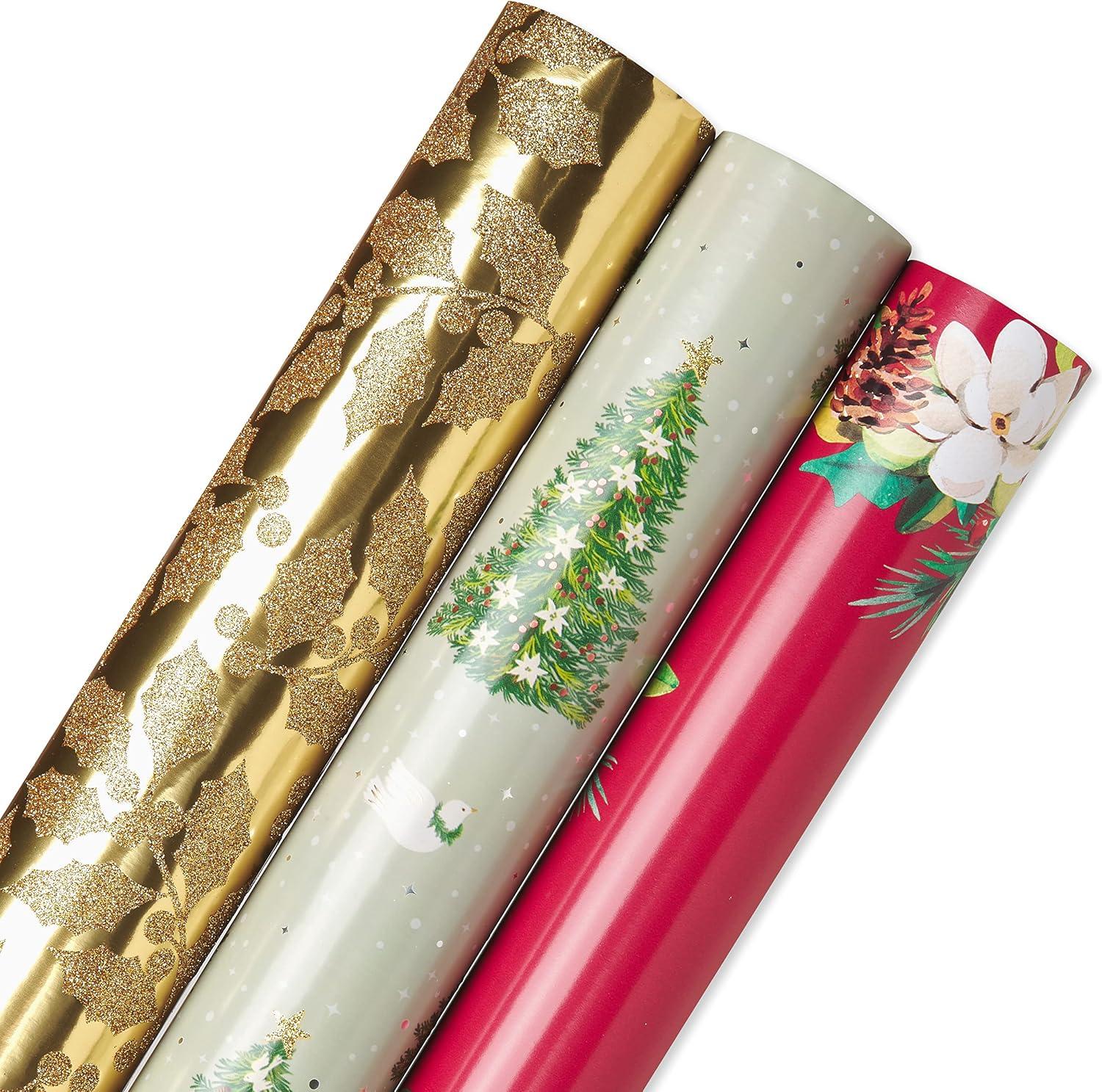 imagePapyrus Christmas Wrapping Paper Bundle Gold Holly Christmas Trees White Floral 3 Rolls 70 sq ft