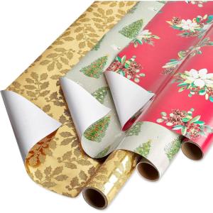 Papyrus Christmas Wrapping Paper Bundle, Gold Holly, Christmas Trees, White Floral (3 Rolls 70 sq. ft)