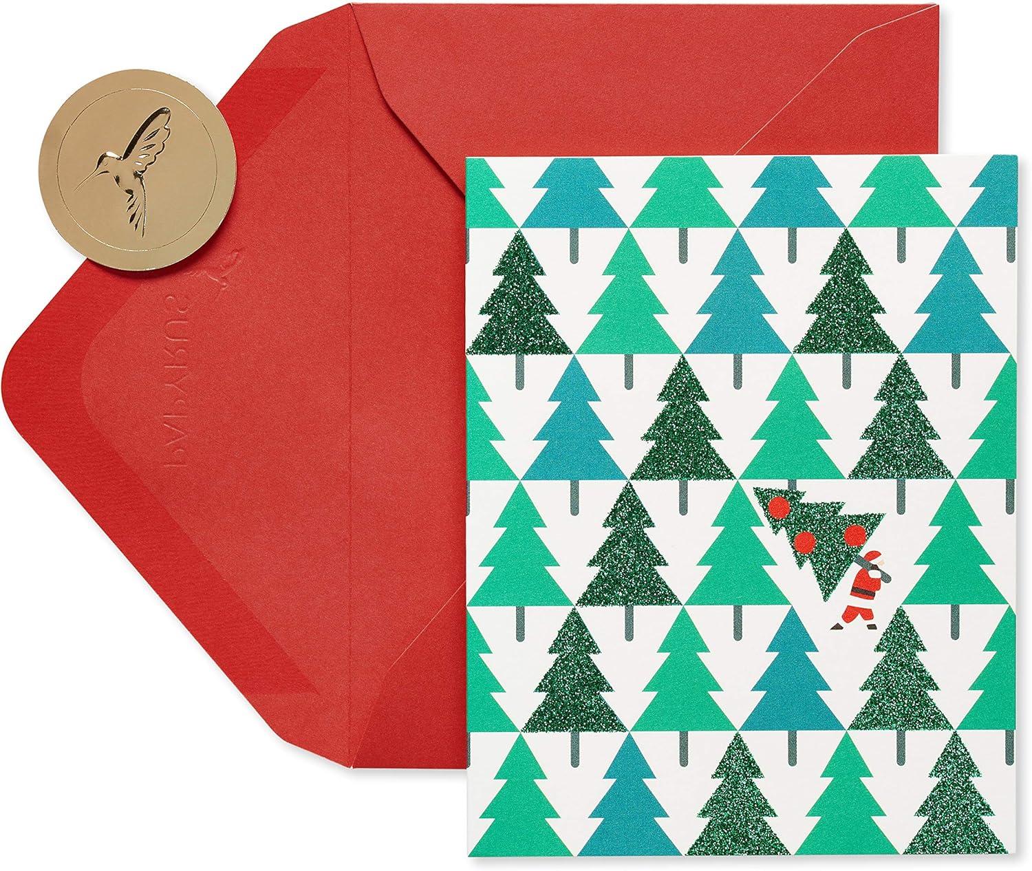 imagePapyrus Petite Holiday Christmas Cards Boxed Glitter Pine Trees with Santa 20CountPine Trees with Santa