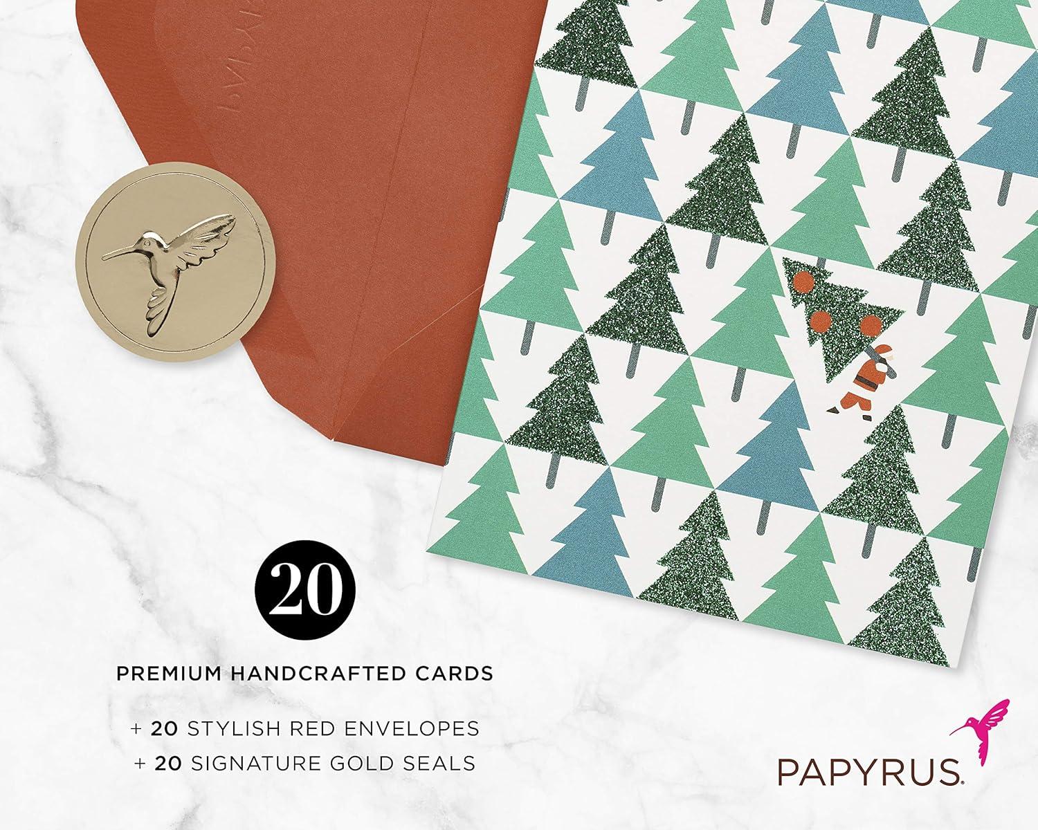 imagePapyrus Petite Holiday Christmas Cards Boxed Glitter Pine Trees with Santa 20CountPine Trees with Santa