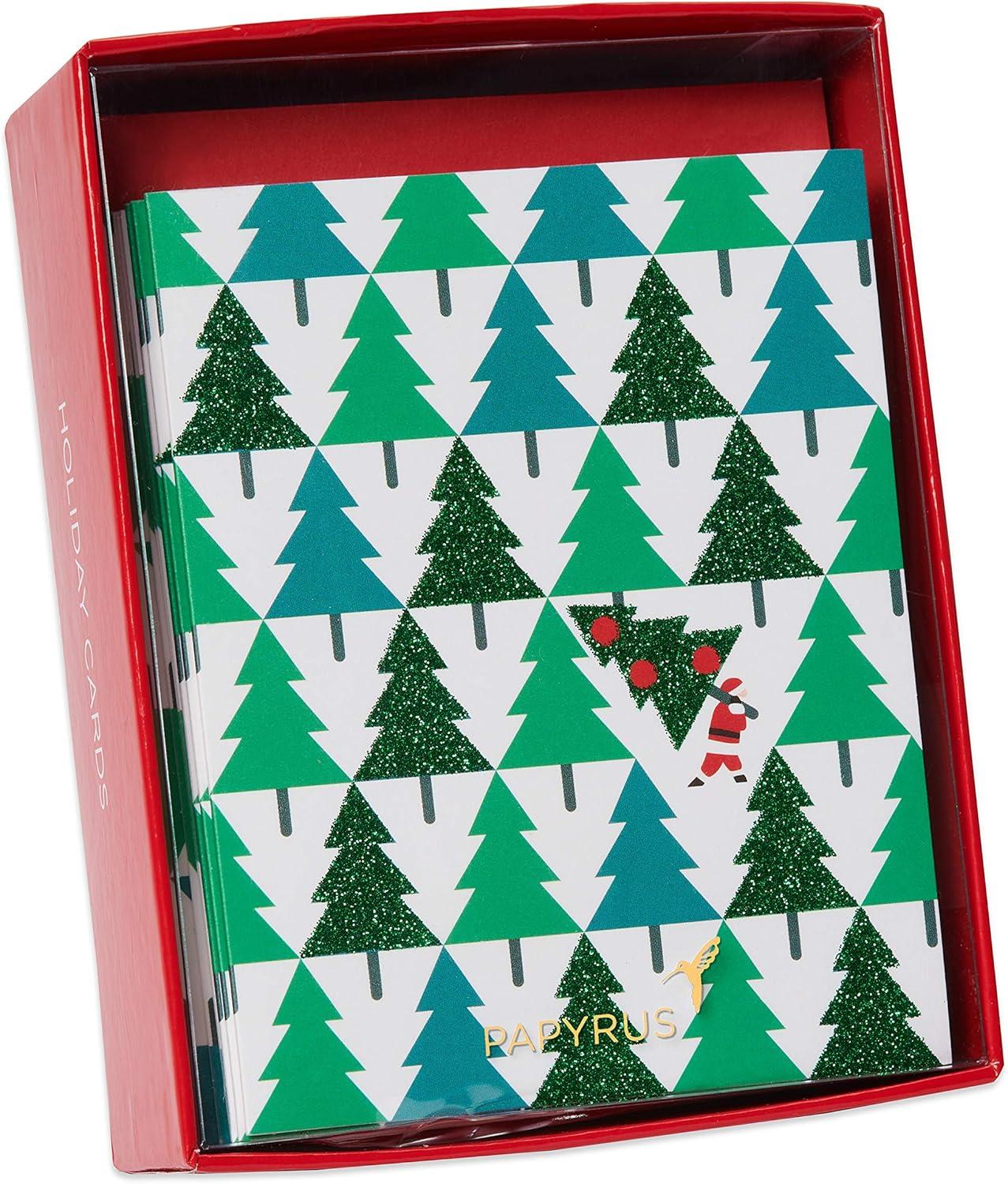 imagePapyrus Petite Holiday Christmas Cards Boxed Glitter Pine Trees with Santa 20CountPine Trees with Santa