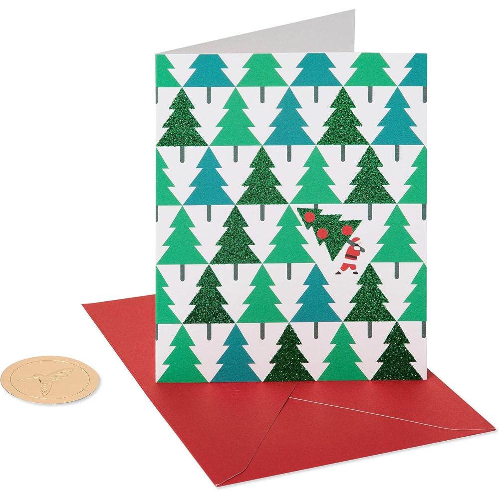 imagePapyrus Petite Holiday Christmas Cards Boxed Glitter Pine Trees with Santa 20CountPine Trees with Santa