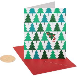 Papyrus Petite Holiday Christmas Cards Boxed, Glitter Pine Trees with Santa (20-Count)(Pine Trees with Santa)