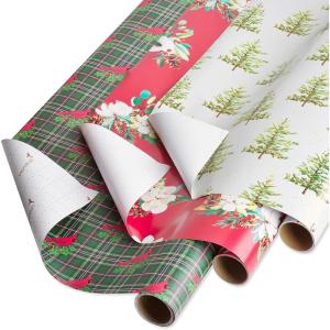 Papyrus Vintage Christmas Wrapping Paper Rolls, Plaid, White Floral, Christmas Trees (3 Rolls, 82.5 sq. ft.)(Plaid  White Floral  Christmas Trees)