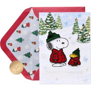 Papyrus Peanuts Holiday Card with Snoopy & Woodstock, Festive Christmas Card for Anyone (Stay Cozy)